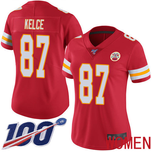 Women Kansas City Chiefs #87 Kelce Travis Red Team Color Vapor Untouchable Limited Player 100th Season Football Nike NFL Jersey